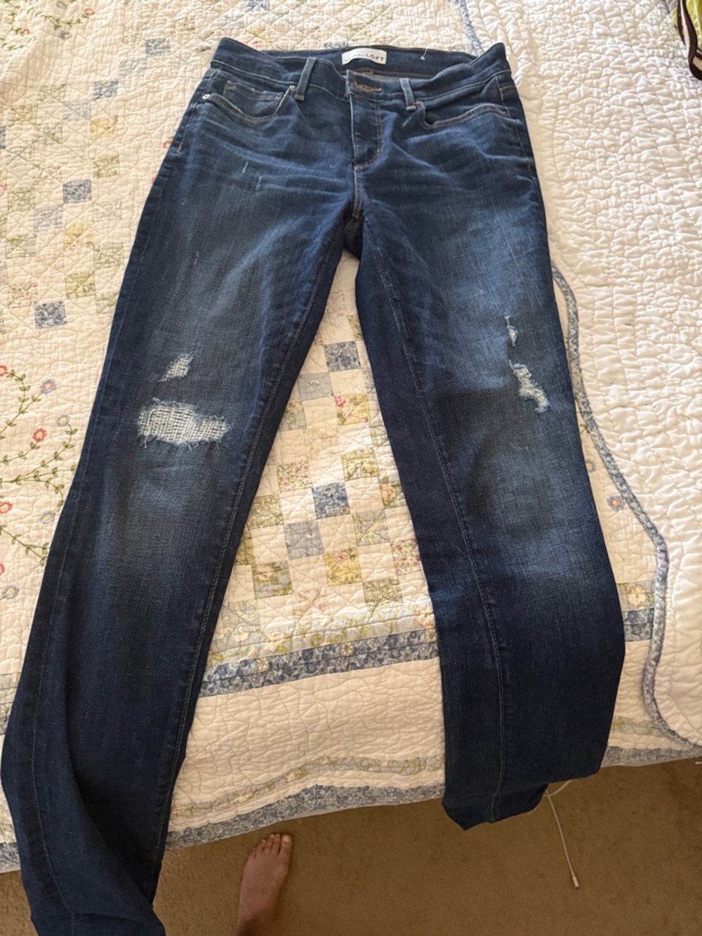 LOFT Dark Blue Skinny Jeans with Distressed Knees